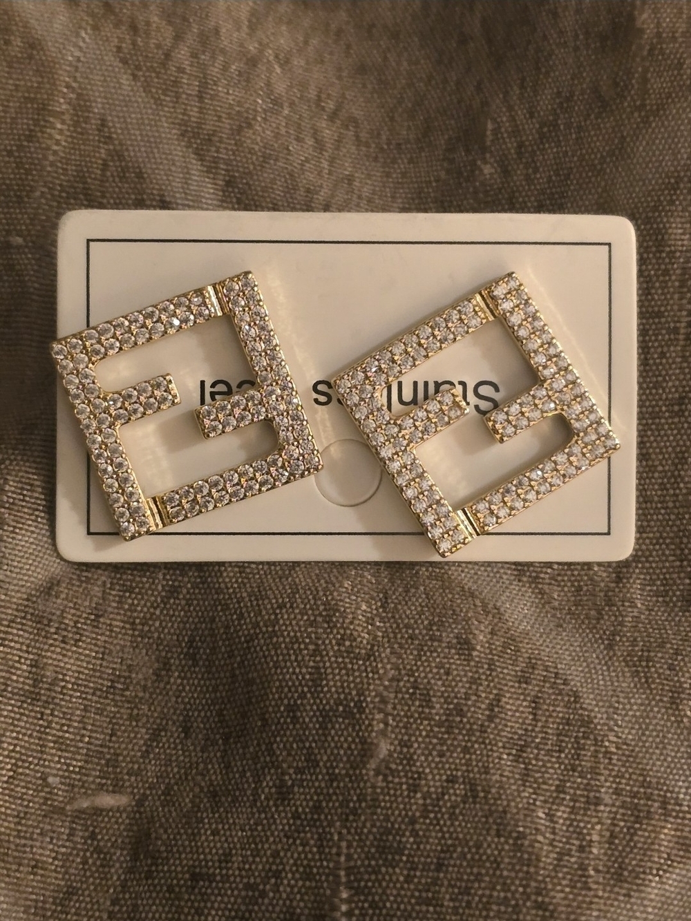 Gold Tone Crystal Square Logo Drop Earrings-NWT! - Picture 2 of 2